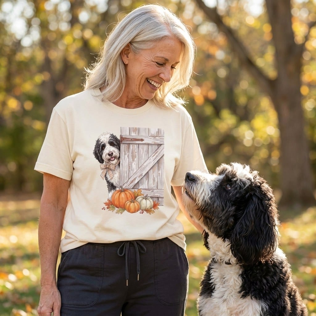 Sheepadoodle Barn Peeking T-Shirt in by Puppy Jo