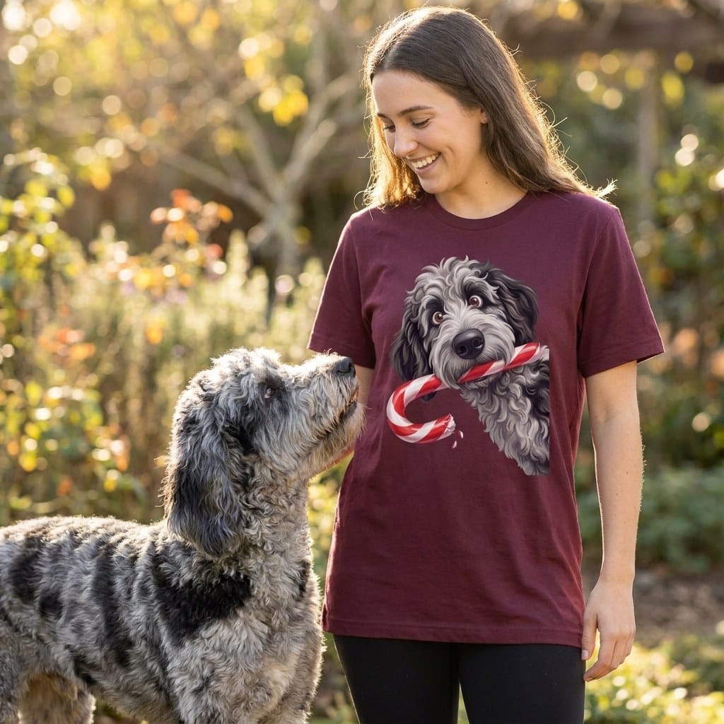 Merle Goldendoodle Candy Cane Thief T-Shirt in by Puppy Jo