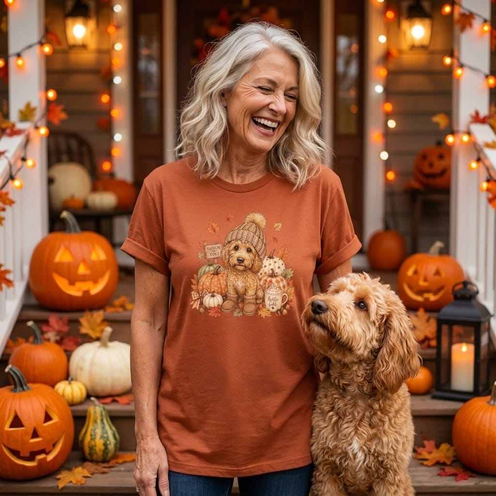 Apricot Goldendoodle Pumpkin Patch T-Shirt in by Puppy Jo