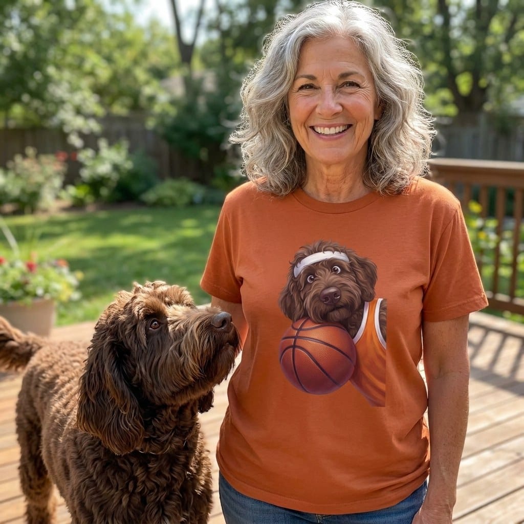 Chocolate Goldendoodle Basketball Player T-Shirt in by Puppy Jo