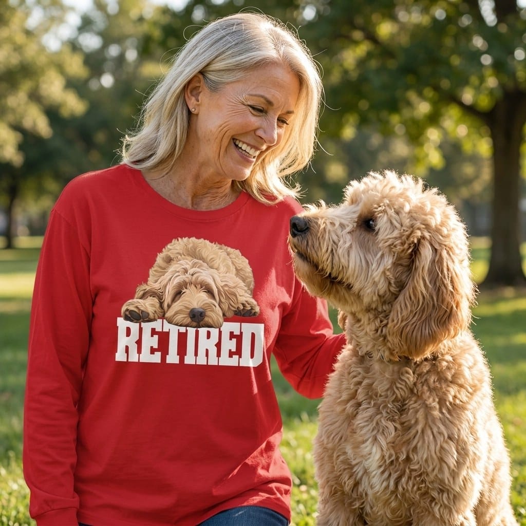 Retired Sleeping Golden Goldendoodle Long Sleeve T-Shirt in by Puppy Jo