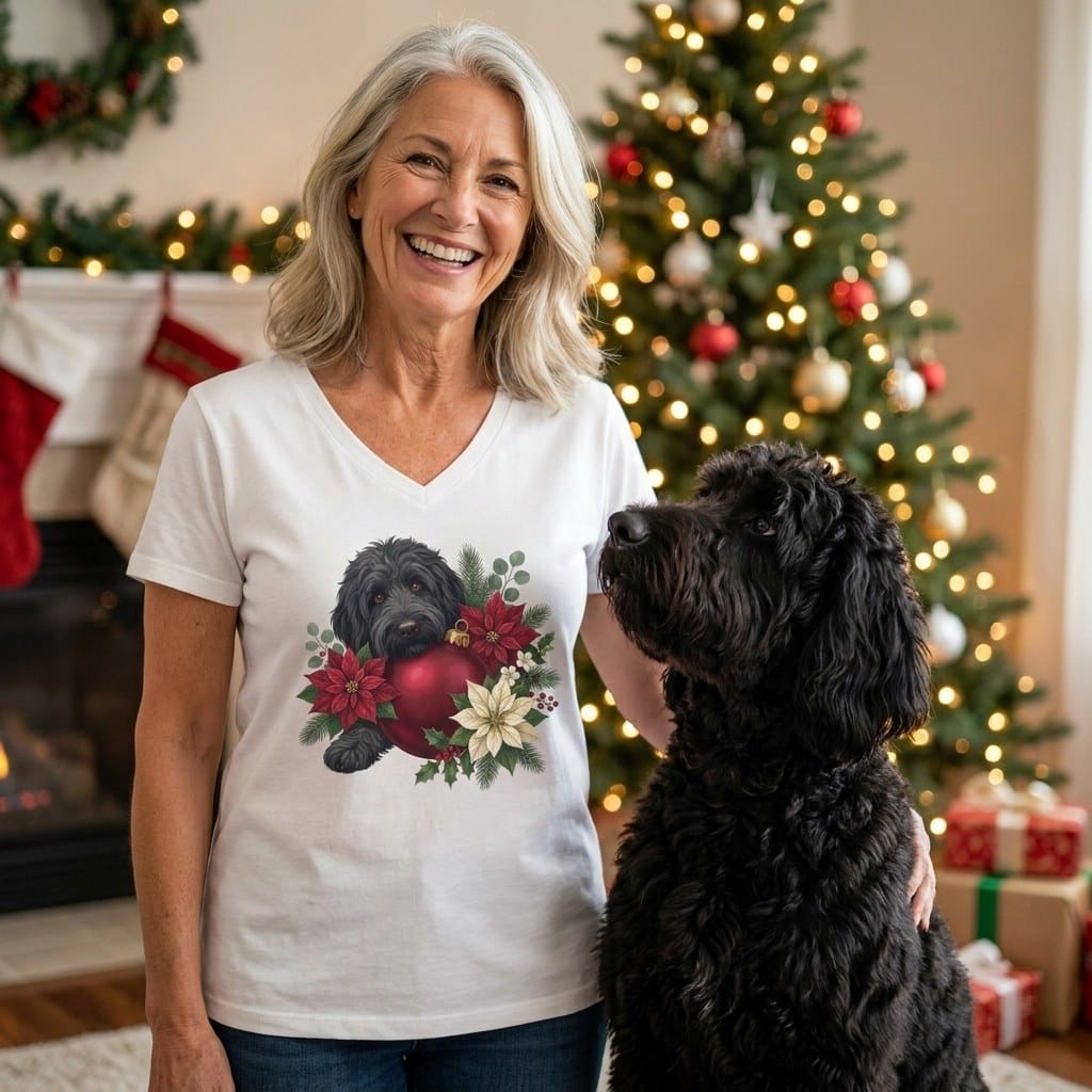 Black Goldendoodle Holiday Cheer V-Neck T-Shirt in by Puppy Jo