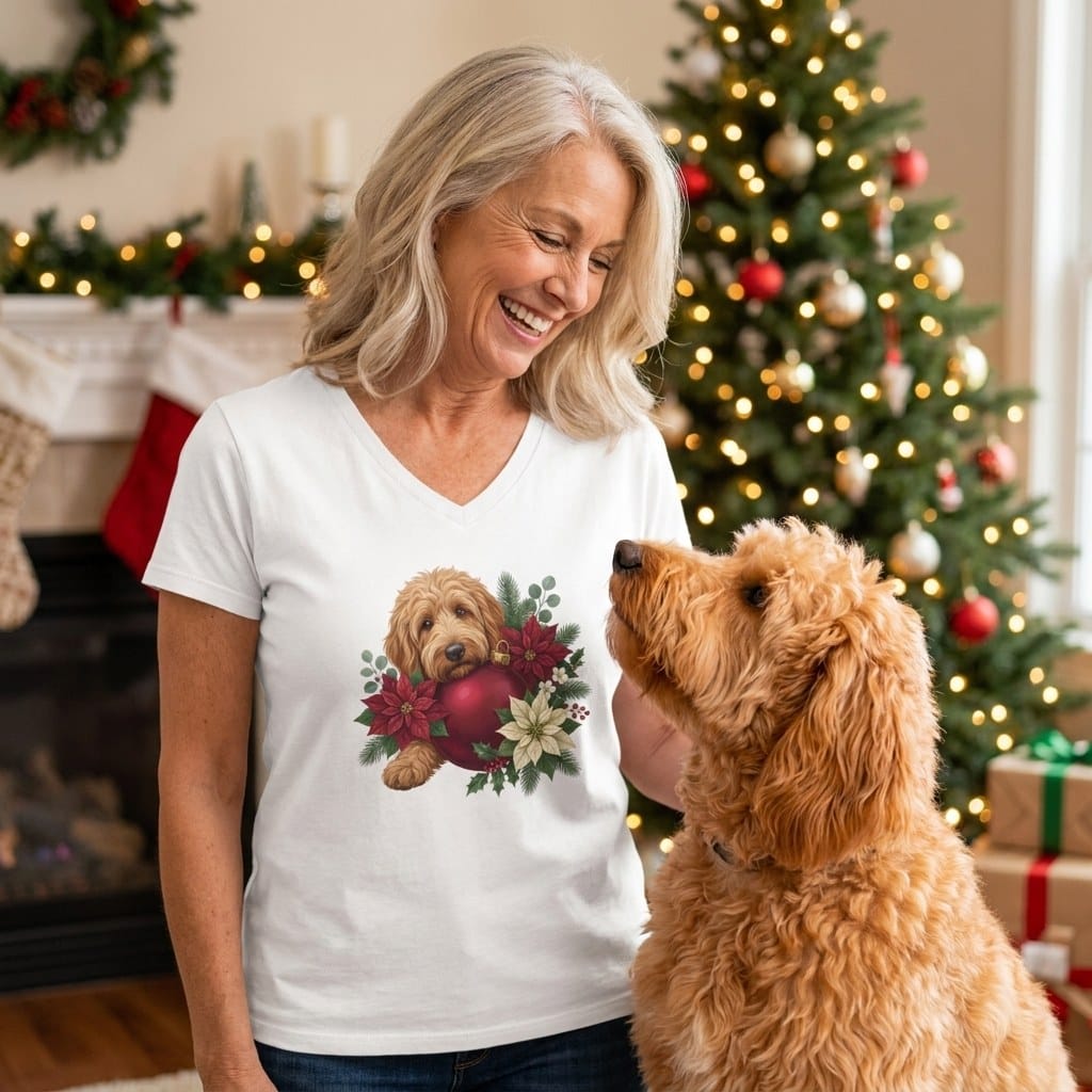 Apricot Goldendoodle Holiday Cheer V-Neck T-Shirt in by Puppy Jo