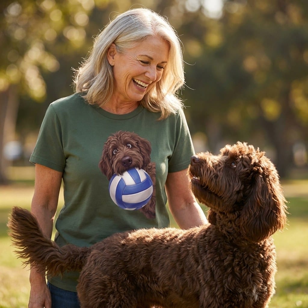 Chocolate Goldendoodle Volleyball T-Shirt in by Puppy Jo
