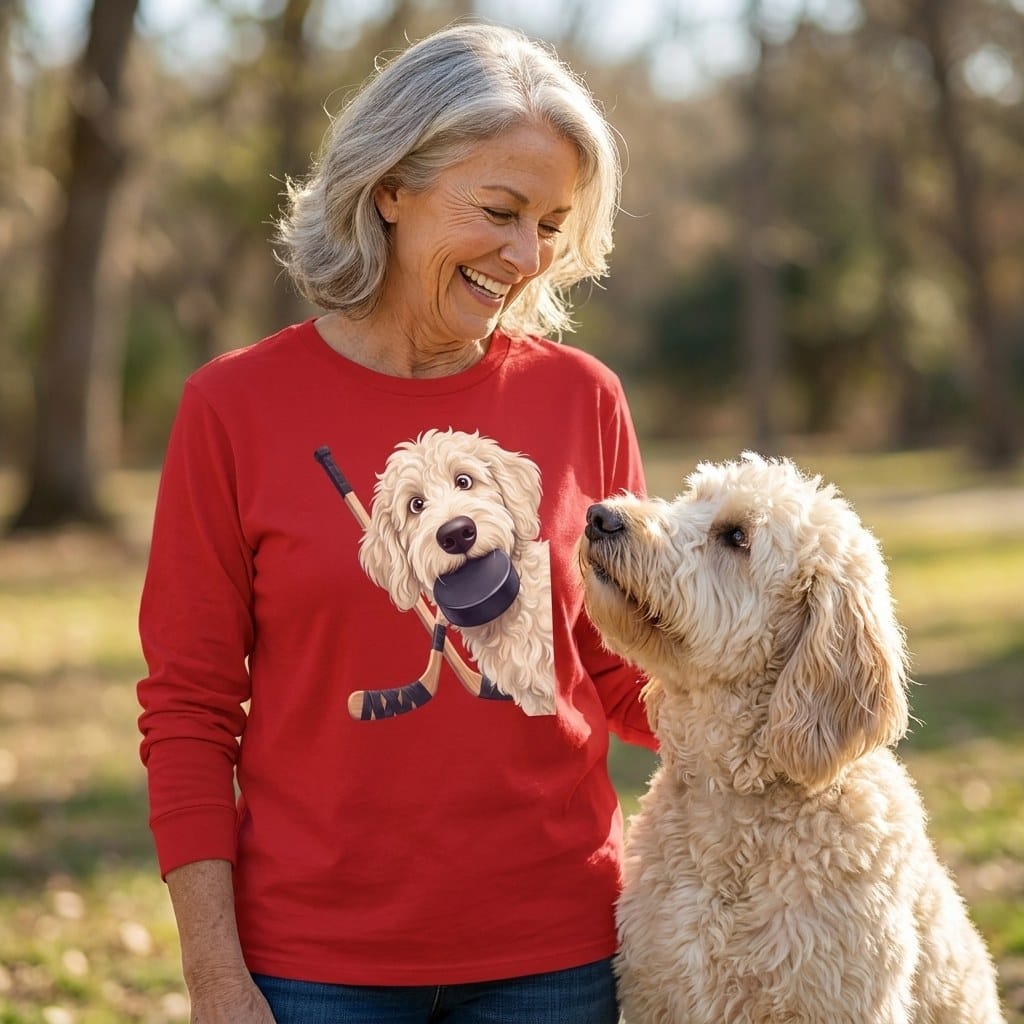 Cream Goldendoodle Hockey Long Sleeve T-Shirt in by Puppy Jo