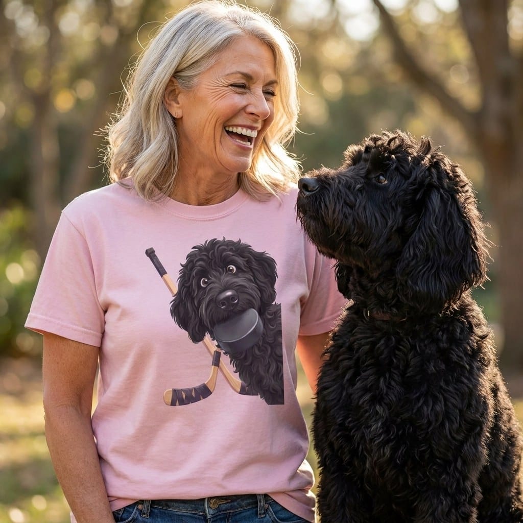 Black Goldendoodle Hockey Signature T-Shirt in by Puppy Jo