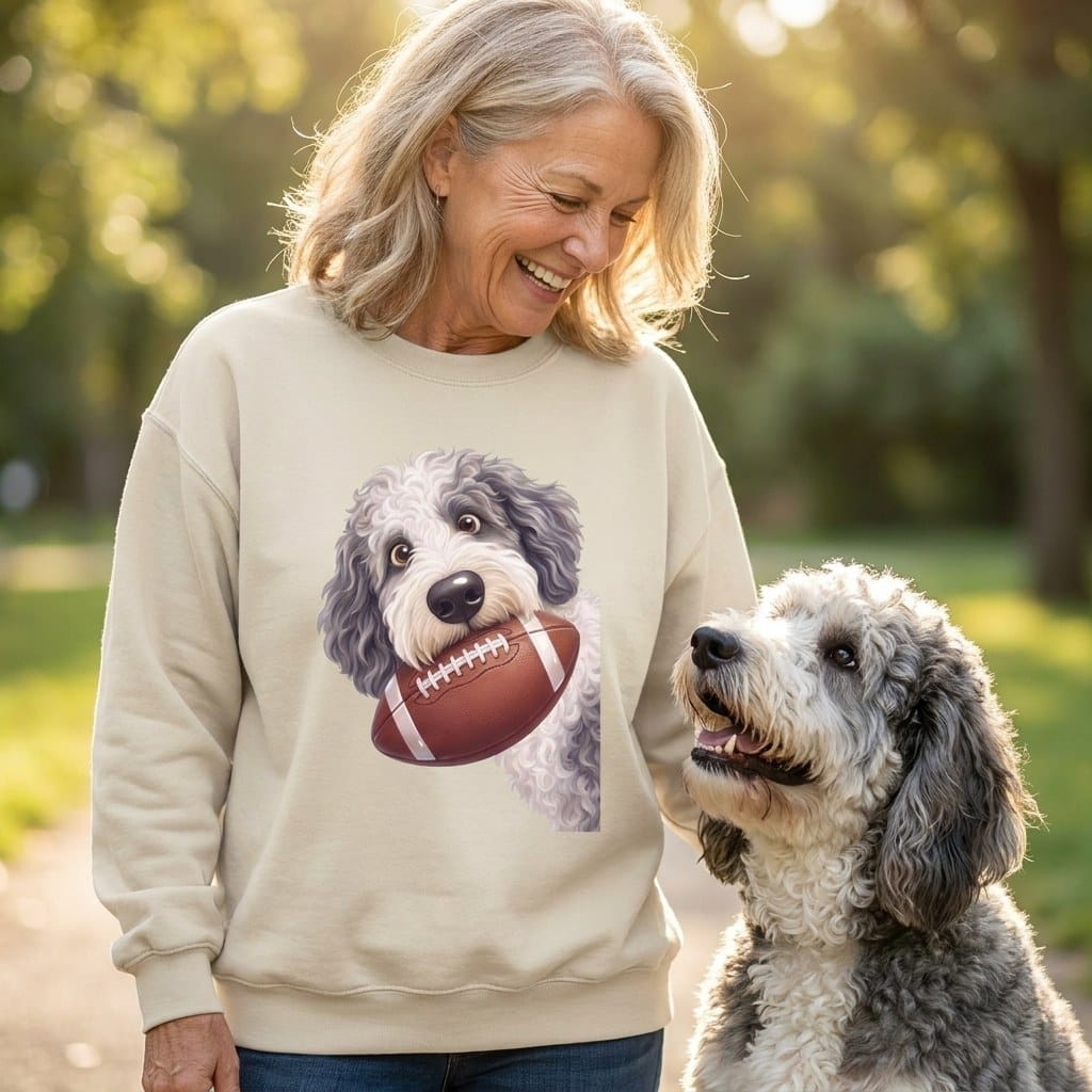Sheepadoodle Football Sweatshirt in by Puppy Jo