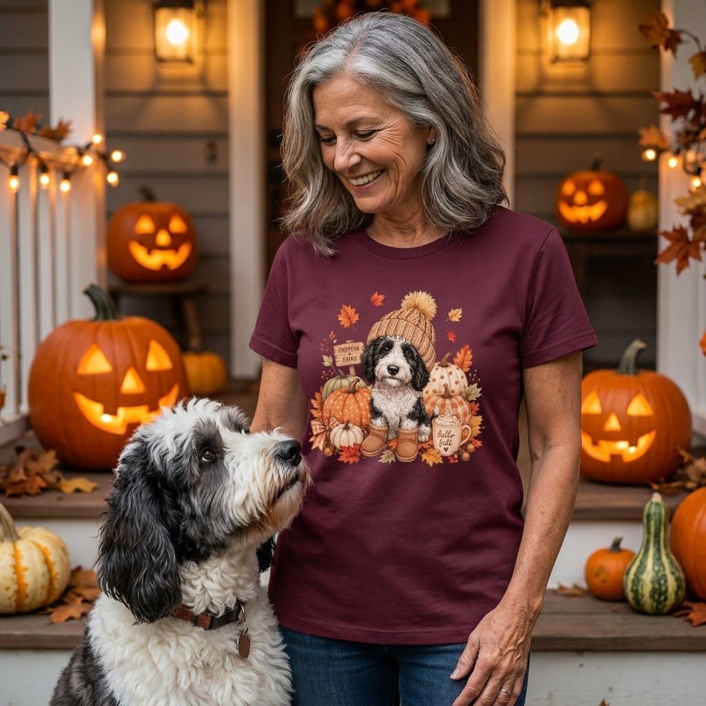 Sheepadoodle Pumpkin Patch T-Shirt in by Puppy Jo
