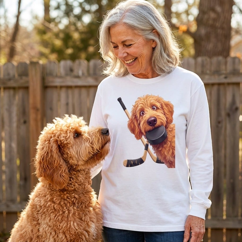 Apricot Goldendoodle Hockey Long Sleeve T-Shirt in by Puppy Jo