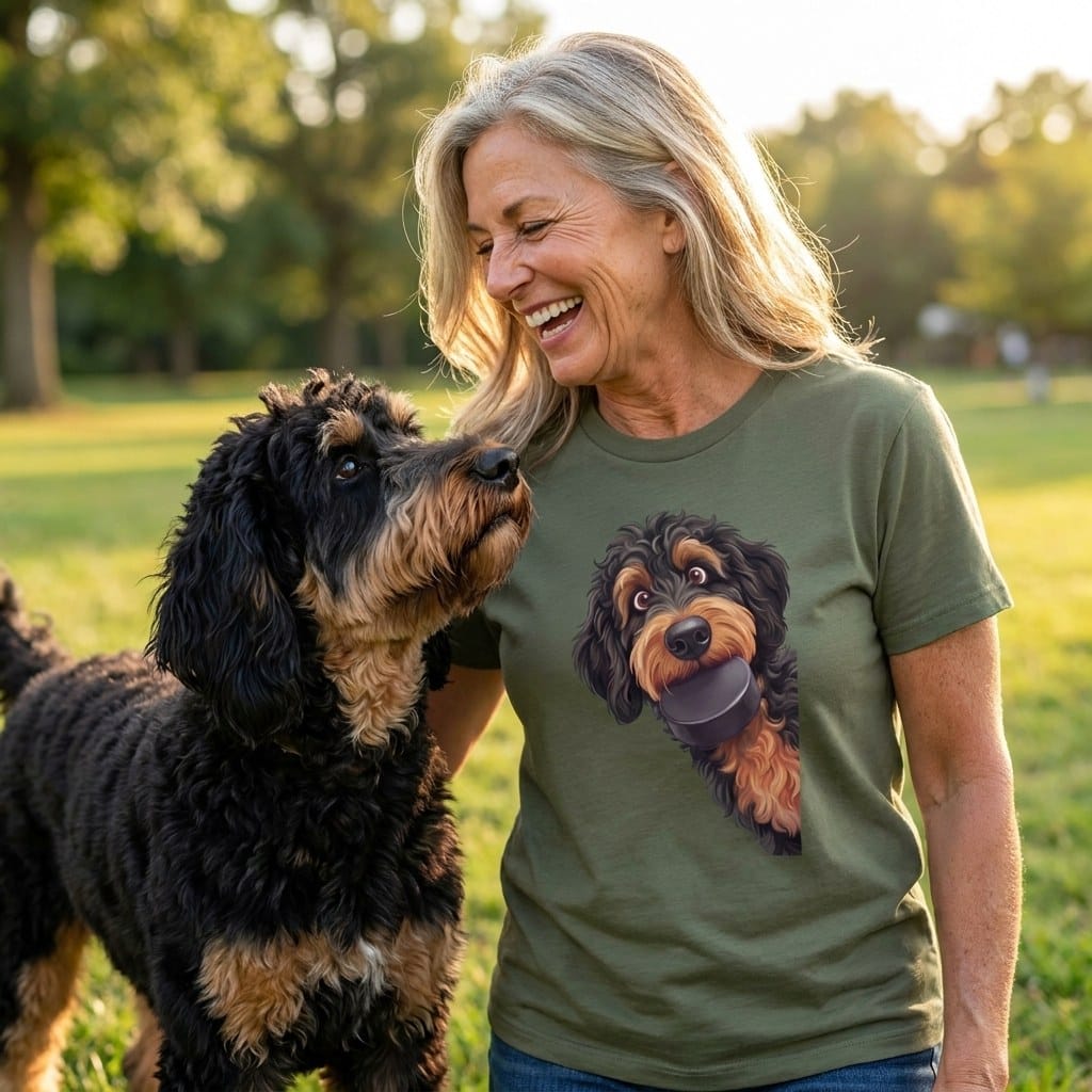 Phantom Goldendoodle Hockey Puck T-Shirt in by Puppy Jo