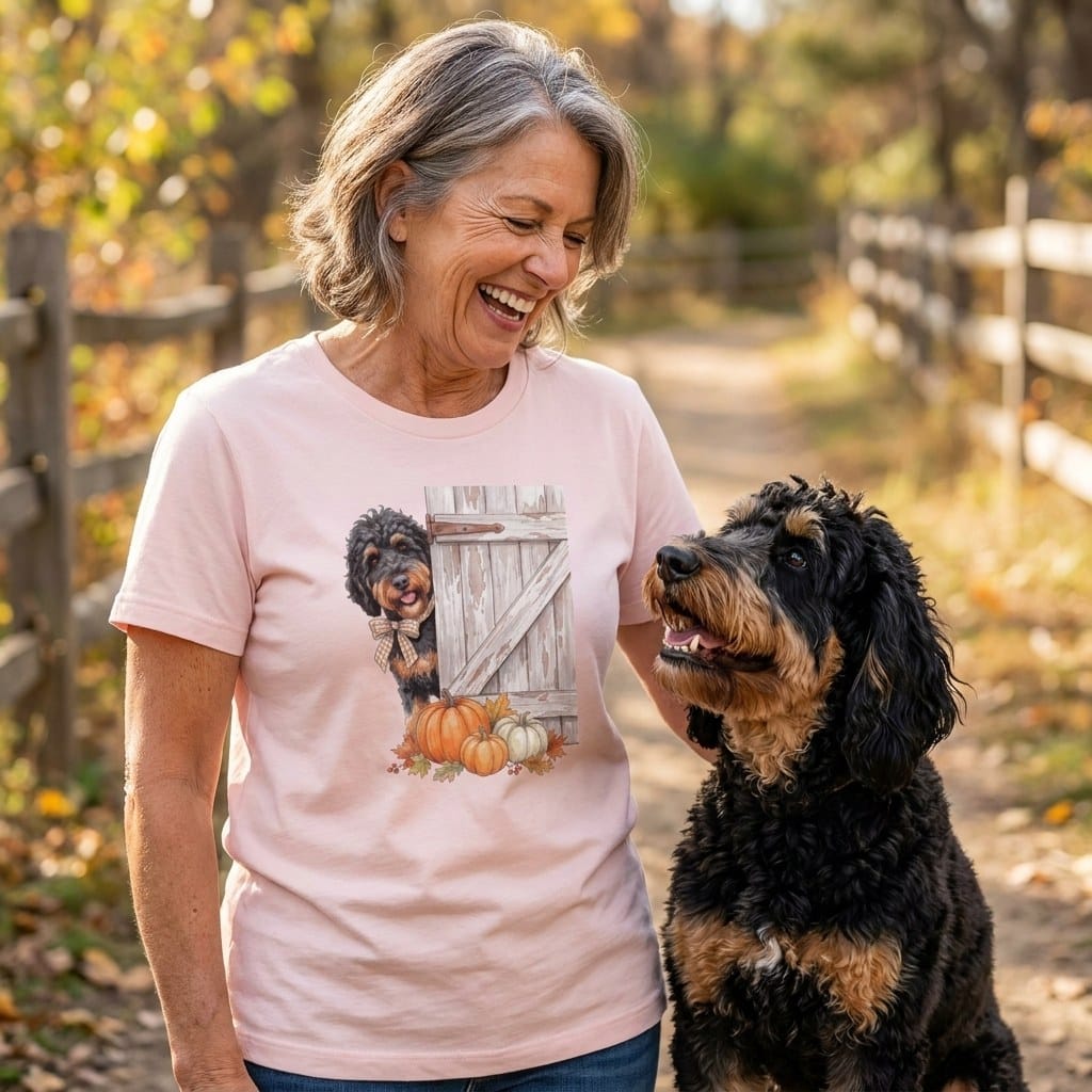 Phantom Goldendoodle Barn Peeking T-Shirt in by Puppy Jo