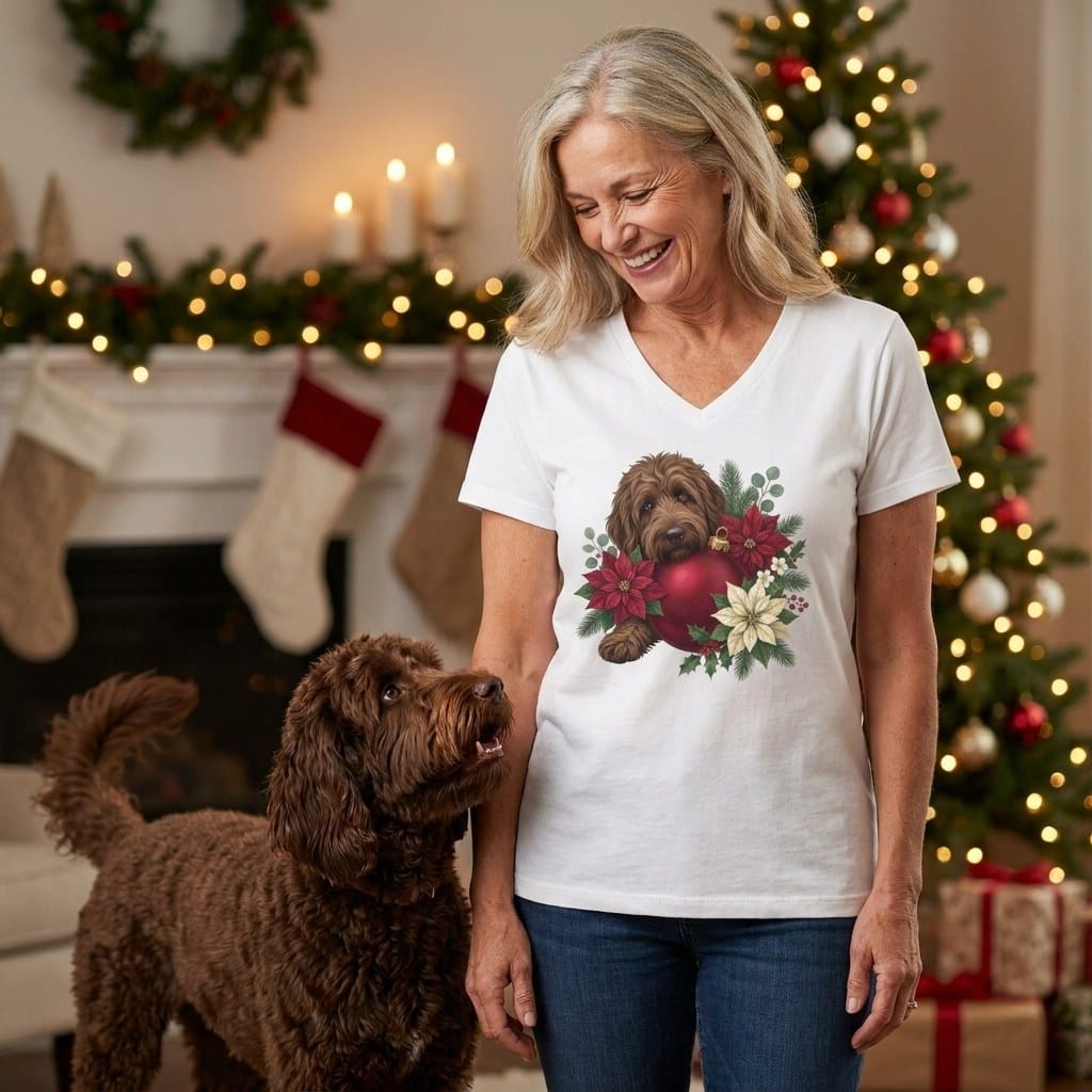 Chocolate Goldendoodle Holiday Cheer V-Neck T-Shirt in by Puppy Jo