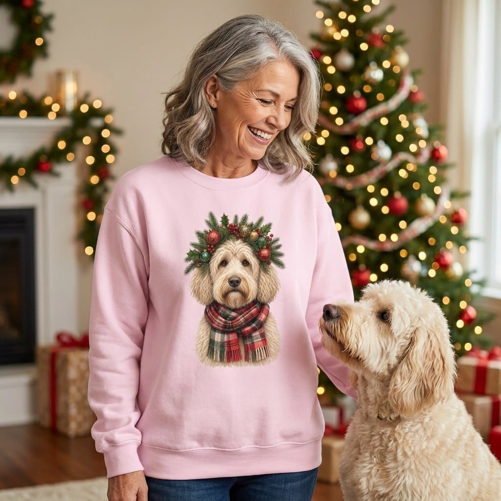 Cream Goldendoodle Holiday Crown Sweatshirt in by Puppy Jo