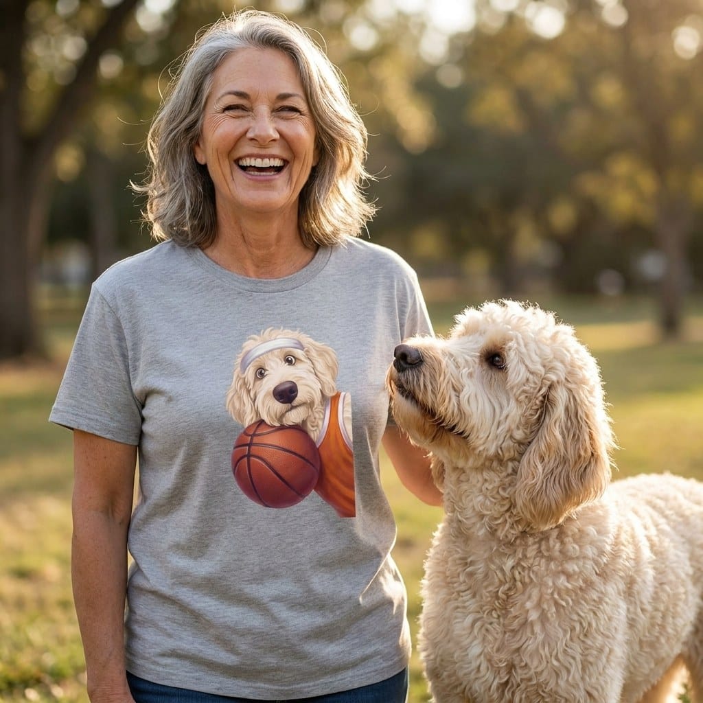 Cream Goldendoodle Basketball Player T-Shirt in by Puppy Jo