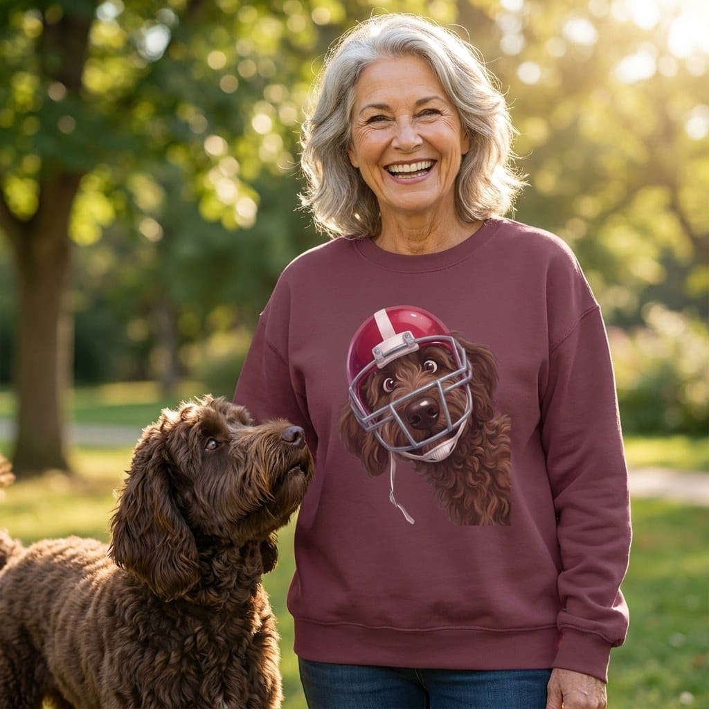 Chocolate Goldendoodle Football Helmet Sweatshirt in by Puppy Jo