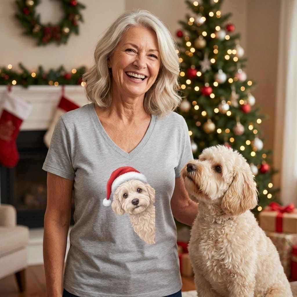 Maltipoo Holiday Santa V-Neck T-Shirt in by Puppy Jo