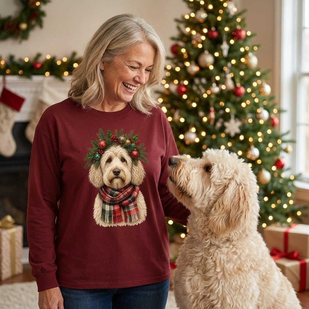 Cream Goldendoodle Holiday Crown Long Sleeve T-Shirt in by MyDesigns