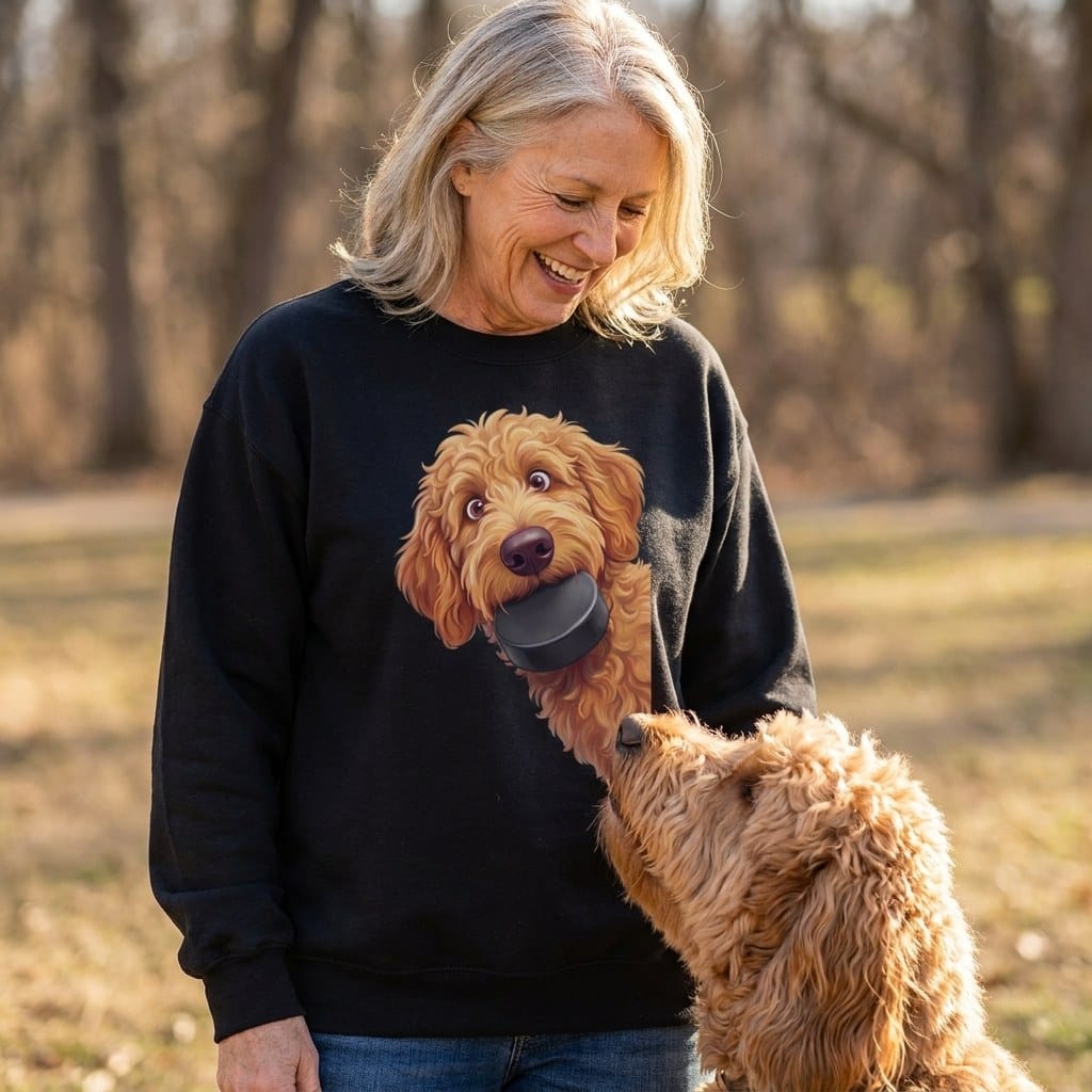 Apricot Goldendoodle Hockey Puck Sweatshirt in by Puppy Jo