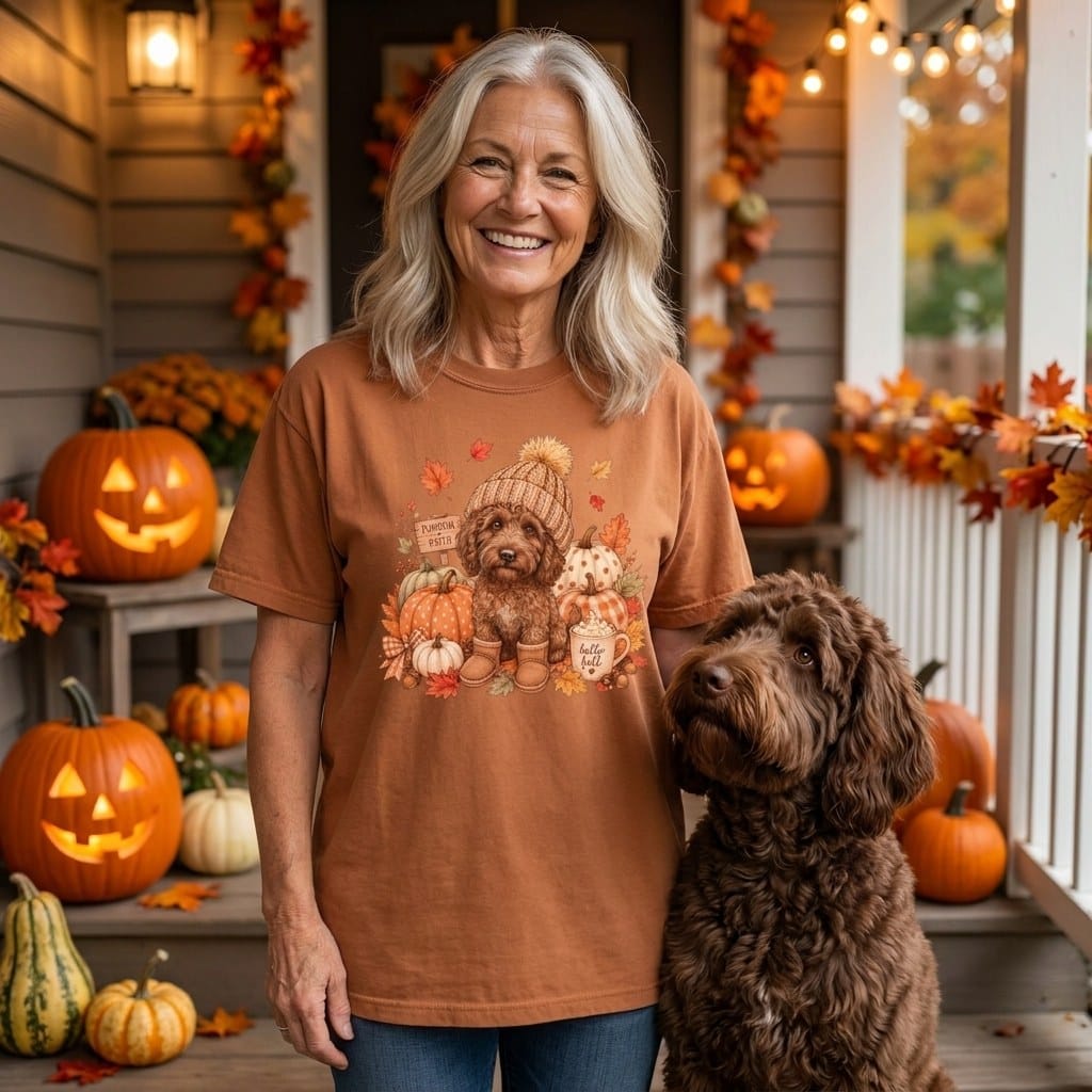 Chocolate Goldendoodle Pumpkin Patch Signature T-Shirt in by Puppy Jo