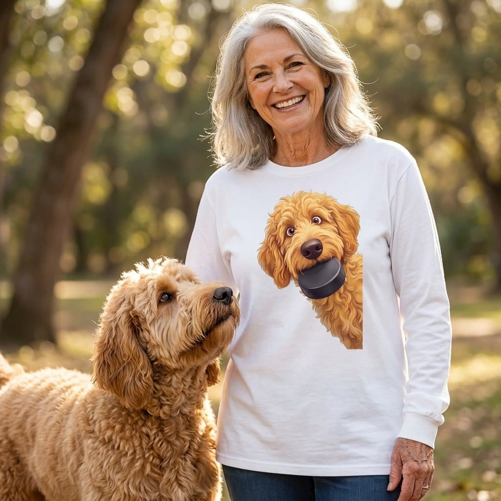 Golden Goldendoodle Hockey Puck Long Sleeve T-Shirt in by Puppy Jo