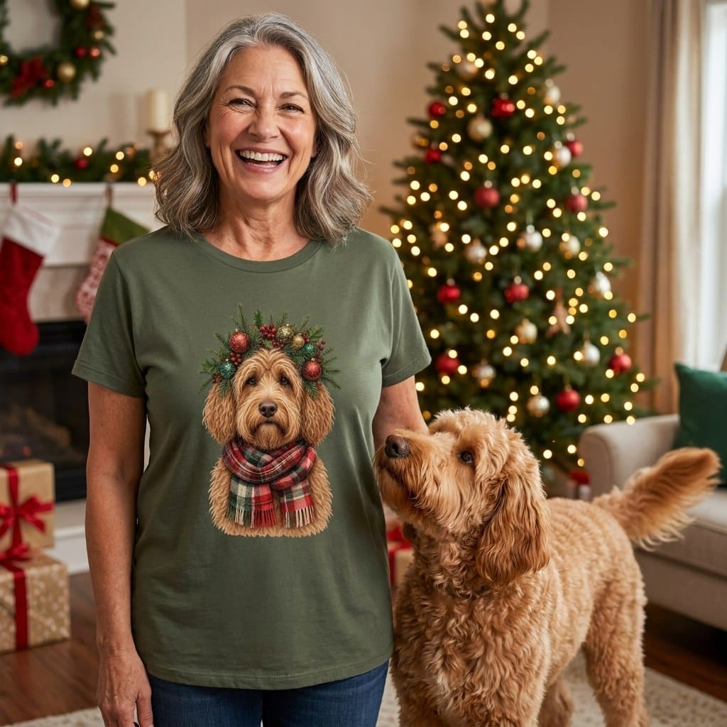 Apricot Goldendoodle Holiday Crown T-Shirt in by Puppy Jo