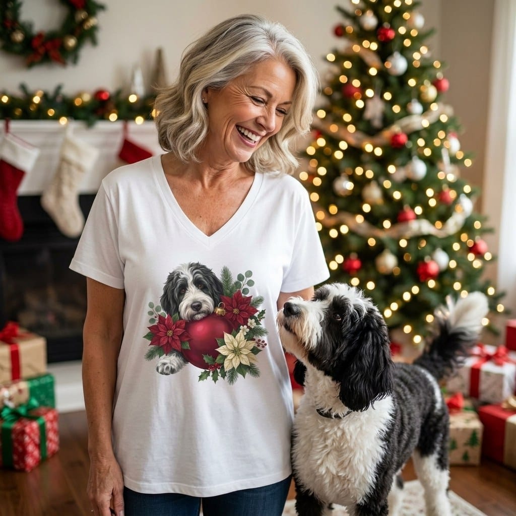 Sheepadoodle Holiday Cheer V-Neck T-Shirt in by Puppy Jo