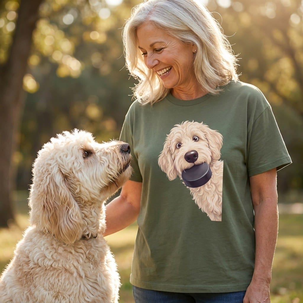 Cream Goldendoodle Hockey Puck T-Shirt in by Puppy Jo