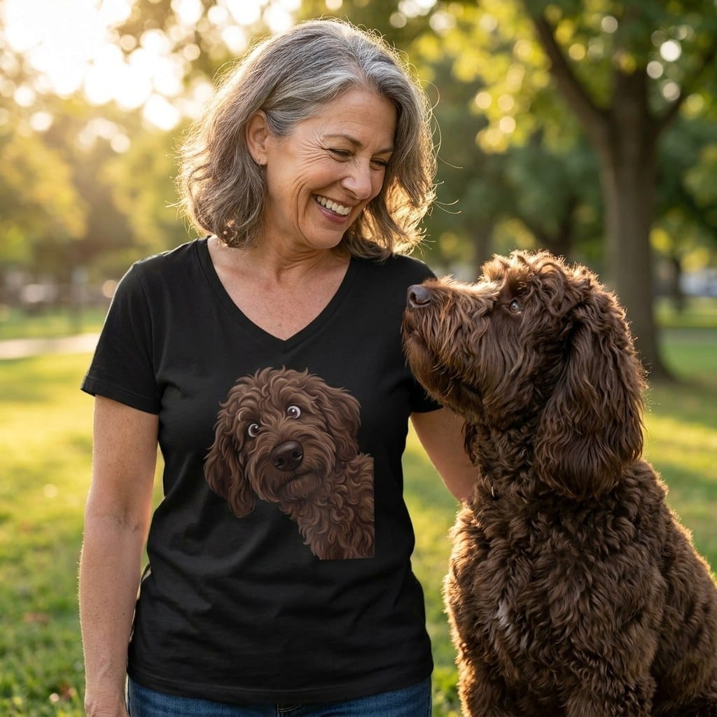 Funny Peeking Chocolate Goldendoodle V-Neck T-Shirt in by Puppy Jo