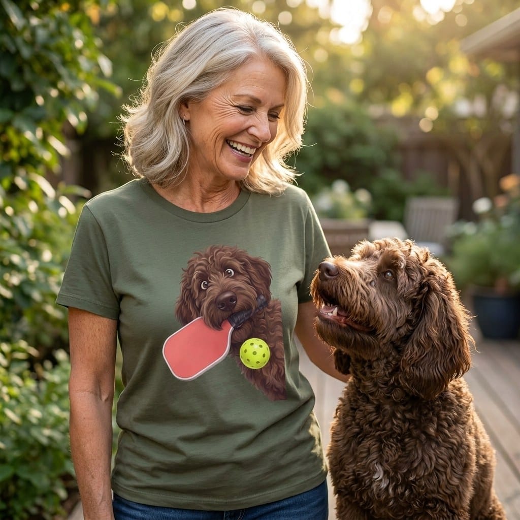Chocolate Goldendoodle Pickleball T-Shirt in by Puppy Jo