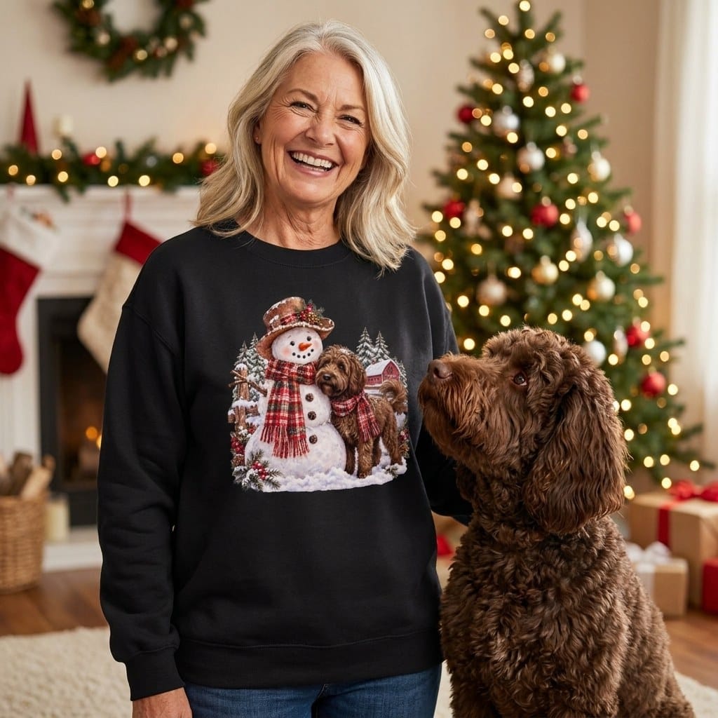 Chocolate Goldendoodle Christmas Snowman Sweatshirt in by Puppy Jo