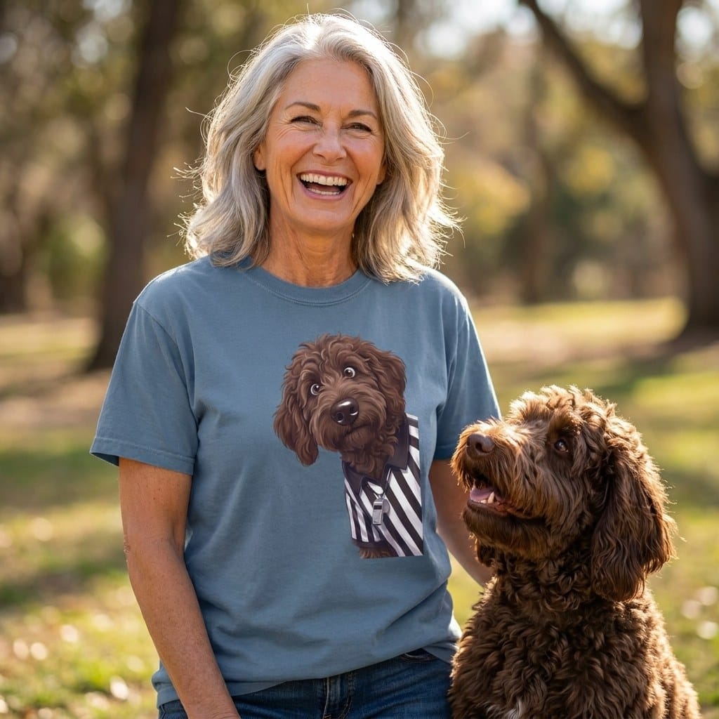 Chocolate Goldendoodle Football Referee Signature T-Shirt in by Puppy Jo