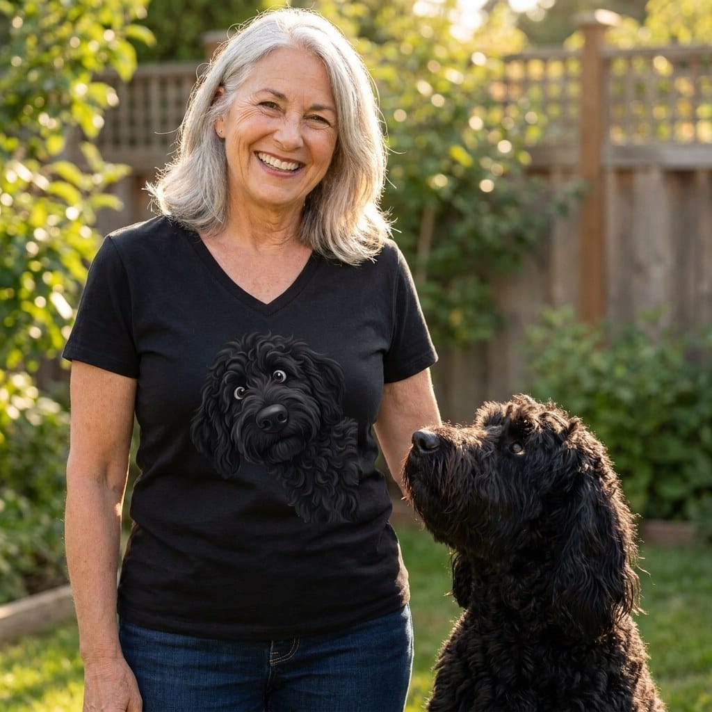 Funny Peeking Black Goldendoodle V-Neck T-Shirt in by Puppy Jo