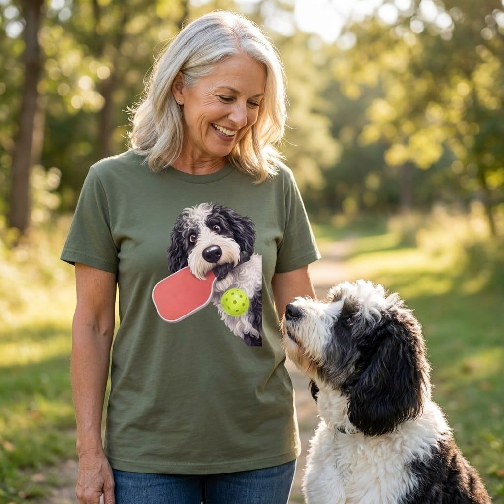 Sheepadoodle Pickleball T-Shirt in by Puppy Jo