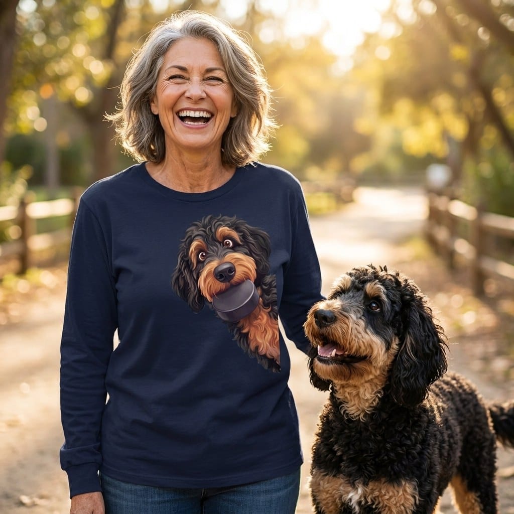 Phantom Goldendoodle Hockey Puck Long Sleeve T-Shirt in by Puppy Jo
