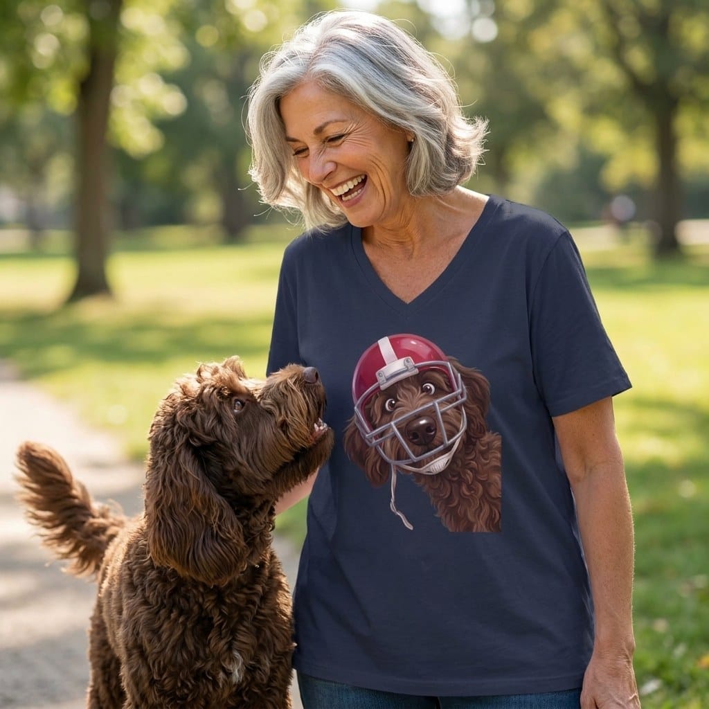 Chocolate Goldendoodle Football Helmet V-Neck T-Shirt in by Puppy Jo