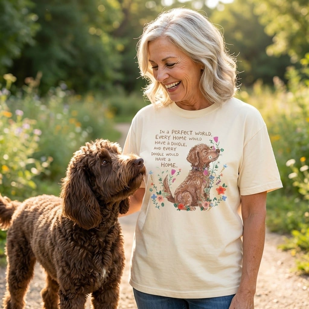 Perfect World Chocolate Goldendoodle Signature T-Shirt in by Puppy Jo