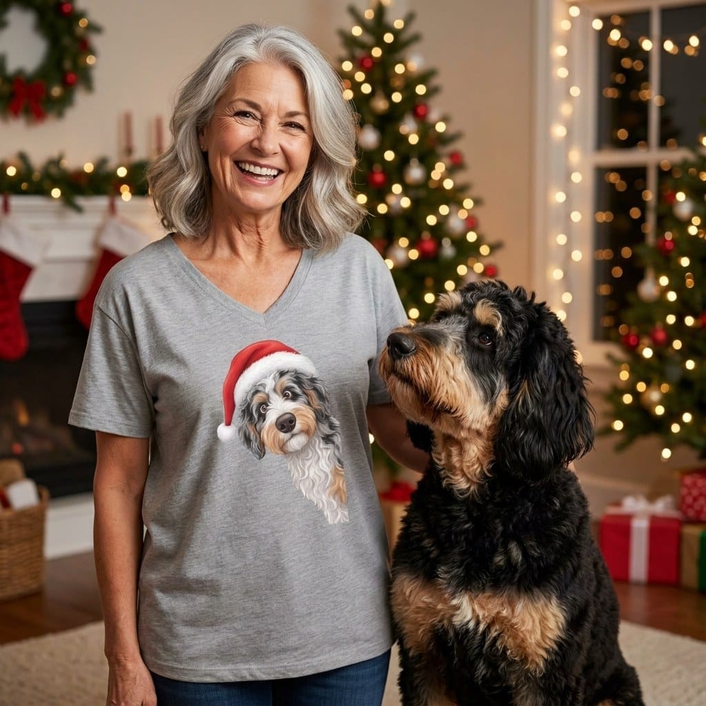 Phantom Goldendoodle Holiday Santa V-Neck T-Shirt in by Puppy Jo
