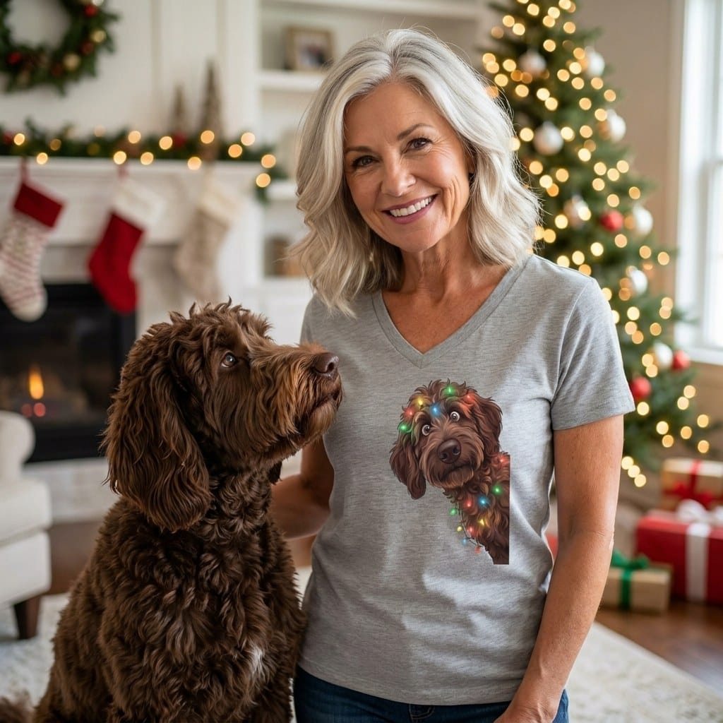 Peeking Chocolate Goldendoodle Holiday V-Neck T-Shirt in by Puppy Jo