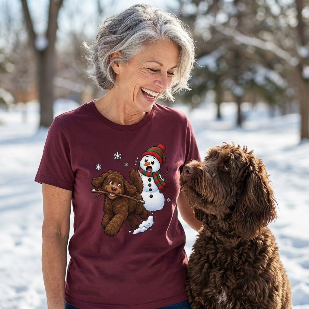 Chocolate Goldendoodle Snowman T-Shirt in by Puppy Jo