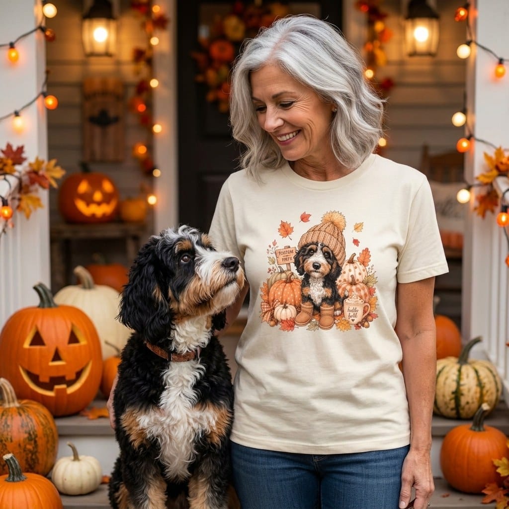 Bernedoodle Pumpkin Patch Signature T-Shirt in by Puppy Jo