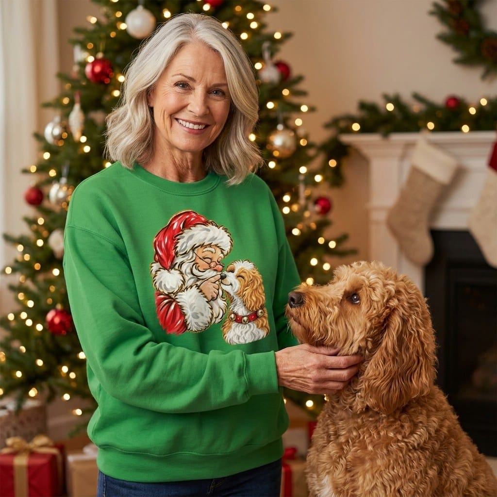 Parti Goldendoodle Santa Kiss Sweatshirt in by Puppy Jo
