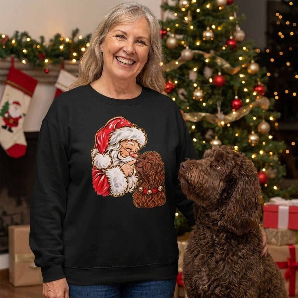 Chocolate Goldendoodle Santa Kiss Sweatshirt in by Puppy Jo