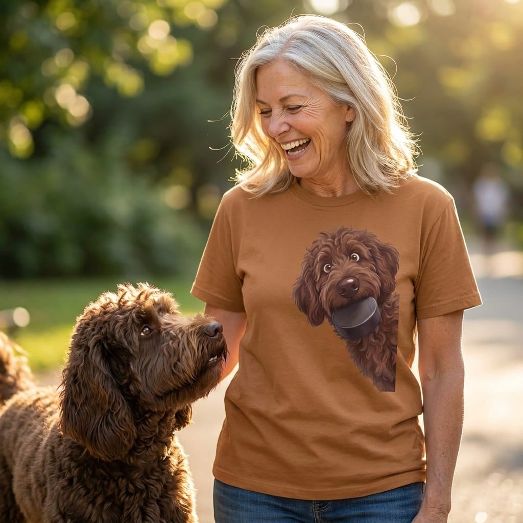 Chocolate Goldendoodle Hockey Puck Signature T-Shirt in by Puppy Jo