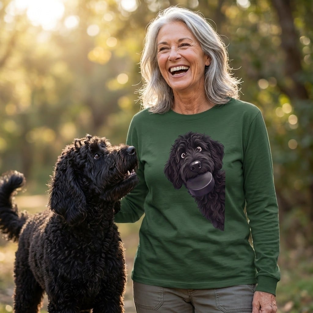 Black Goldendoodle Hockey Puck Long Sleeve T-Shirt in by Puppy Jo