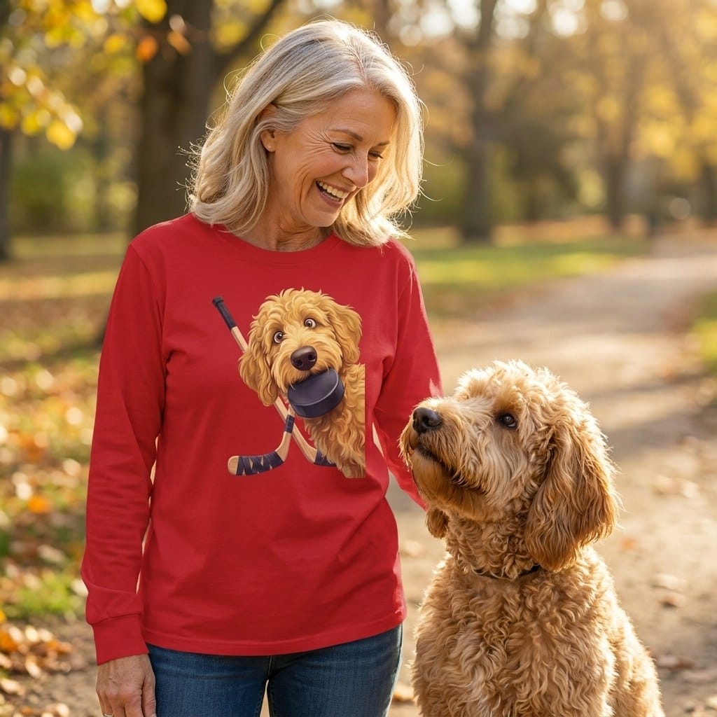 Golden Goldendoodle Hockey Long Sleeve T-Shirt in by Puppy Jo