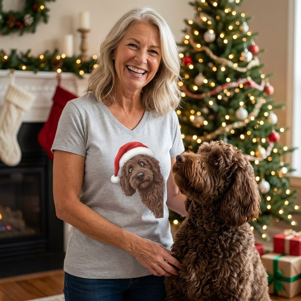Chocolate Goldendoodle Holiday Santa V-Neck T-Shirt in by Puppy Jo