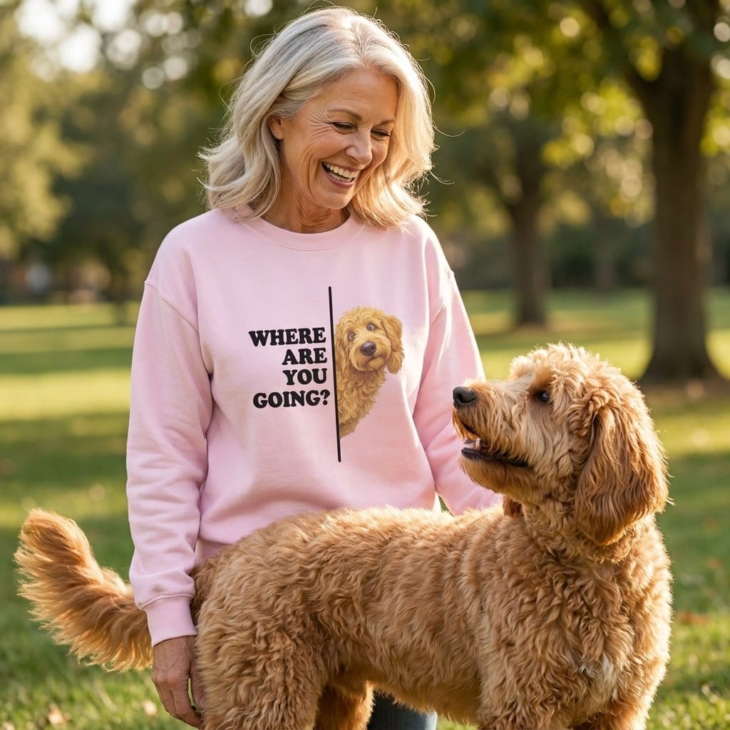 Where Going Apricot Goldendoodle Sweatshirt in by Puppy Jo