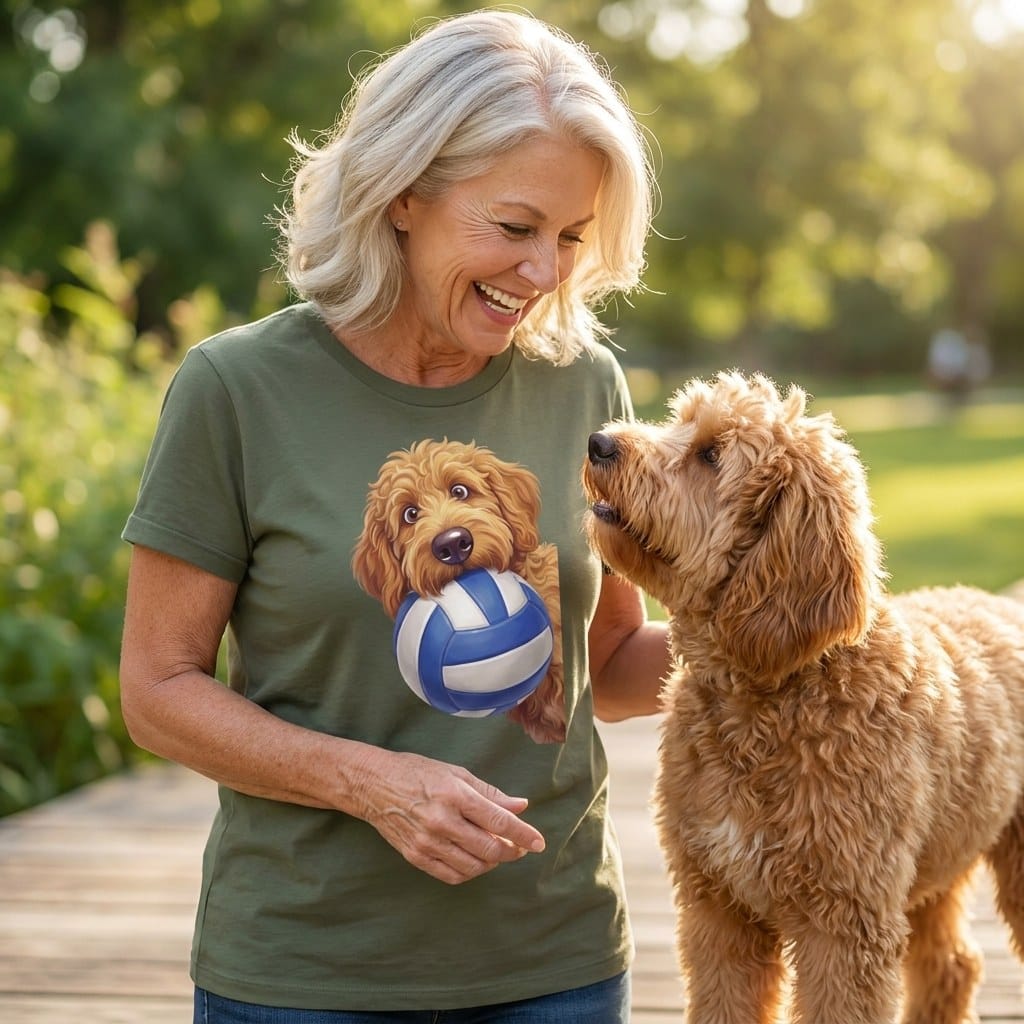 Apricot Goldendoodle Volleyball T-Shirt in by Puppy Jo