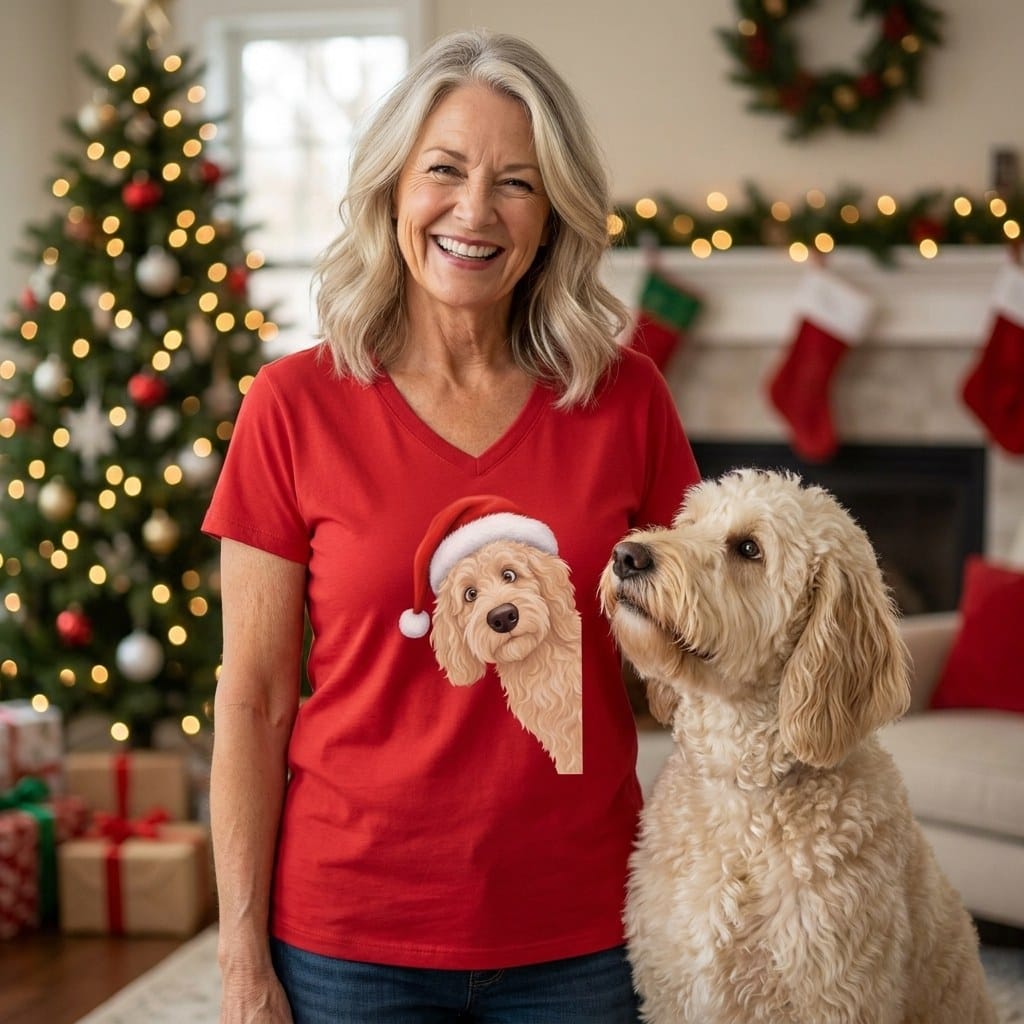 Cream Goldendoodle Holiday Santa V-Neck T-Shirt in by Puppy Jo