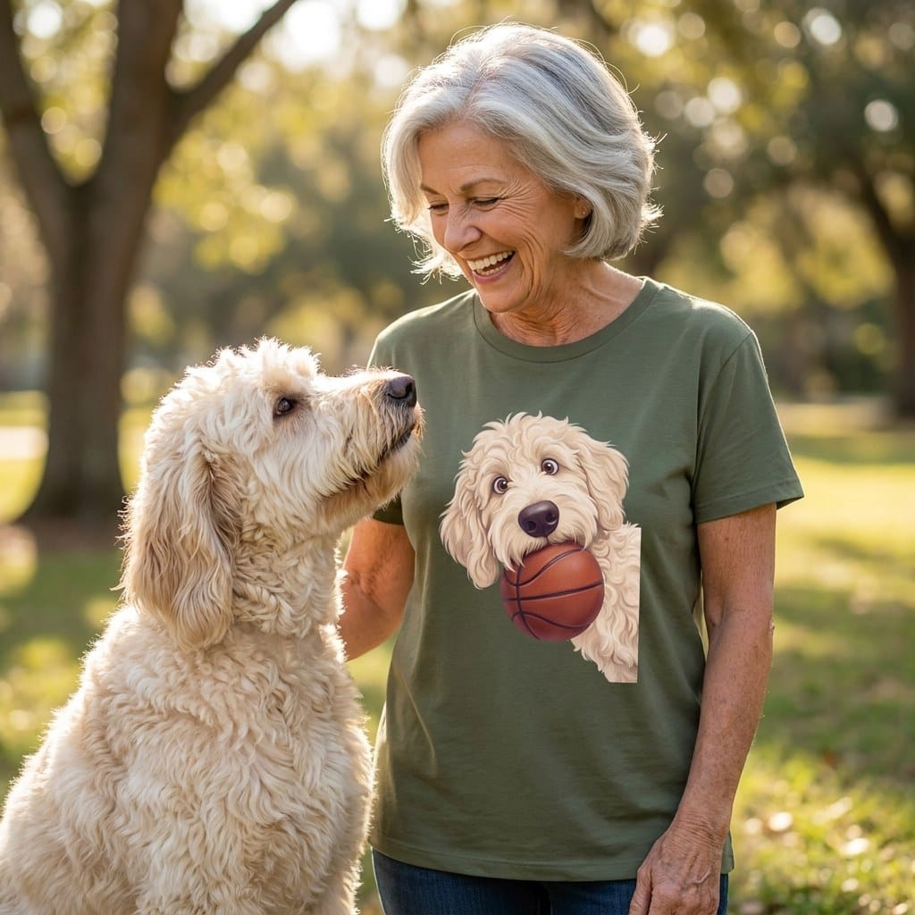 Cream Goldendoodle Basketball T-Shirt in by Puppy Jo